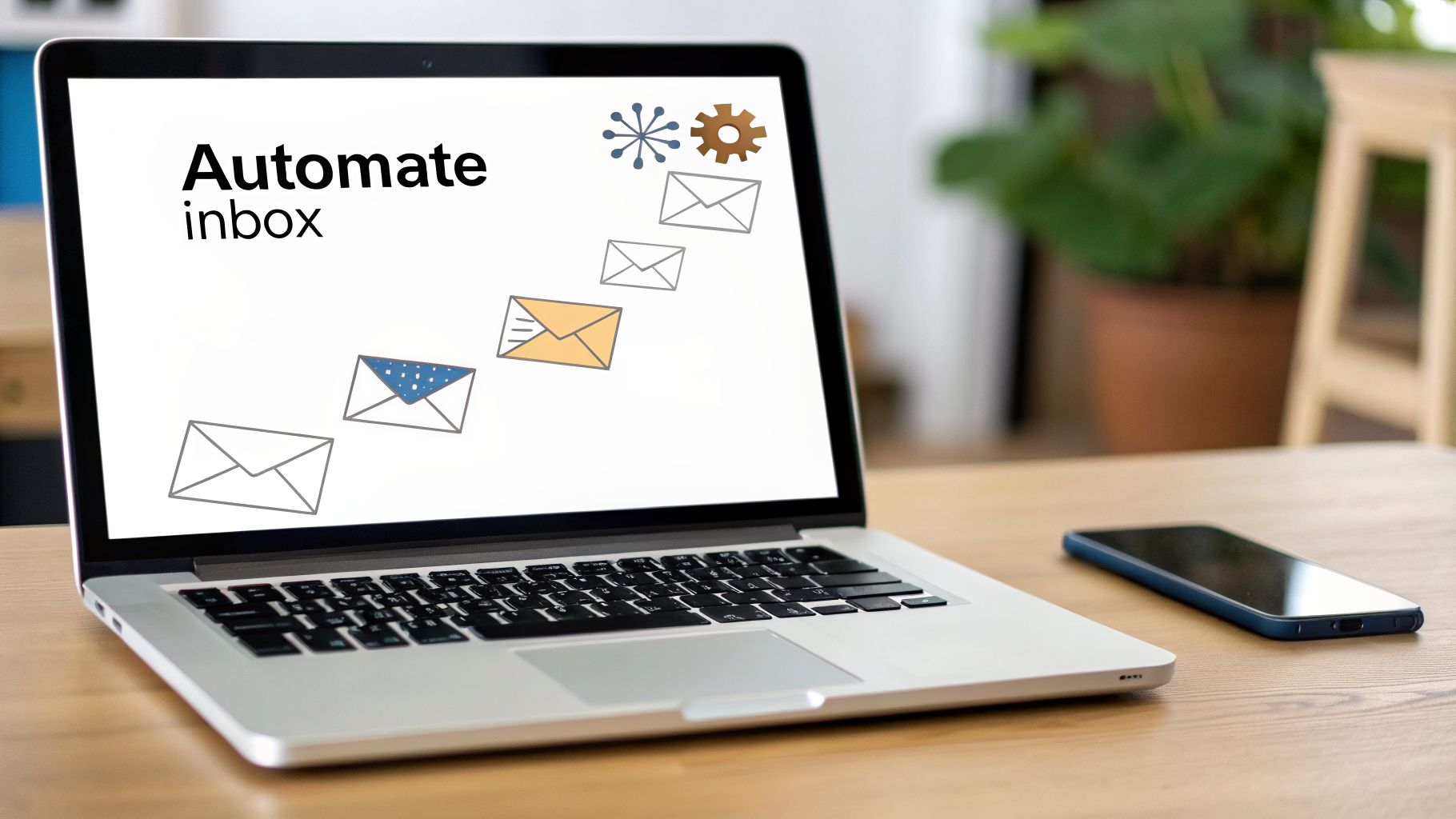 A laptop screen displays 'Automate inbox' with email and gear icons, next to a smartphone on a wooden desk.