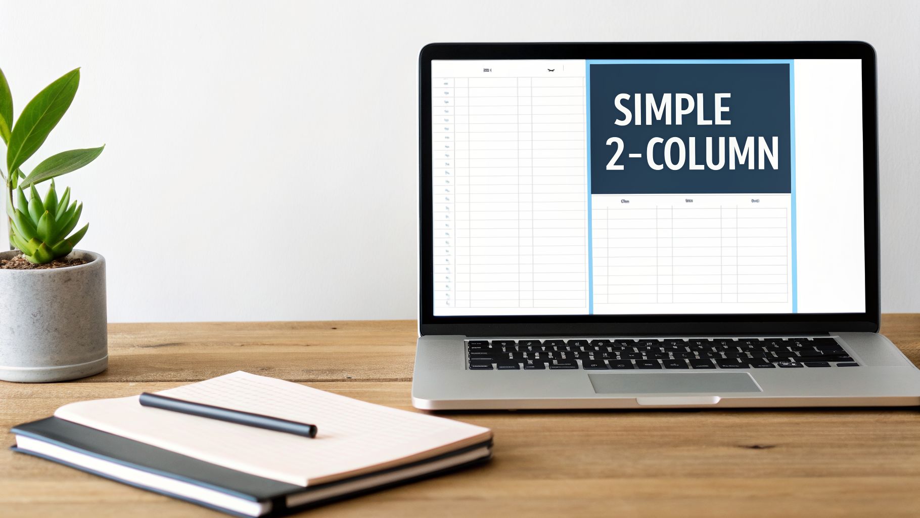 A laptop displaying a simple 2-column table, with notebooks and a plant on a wooden desk.
