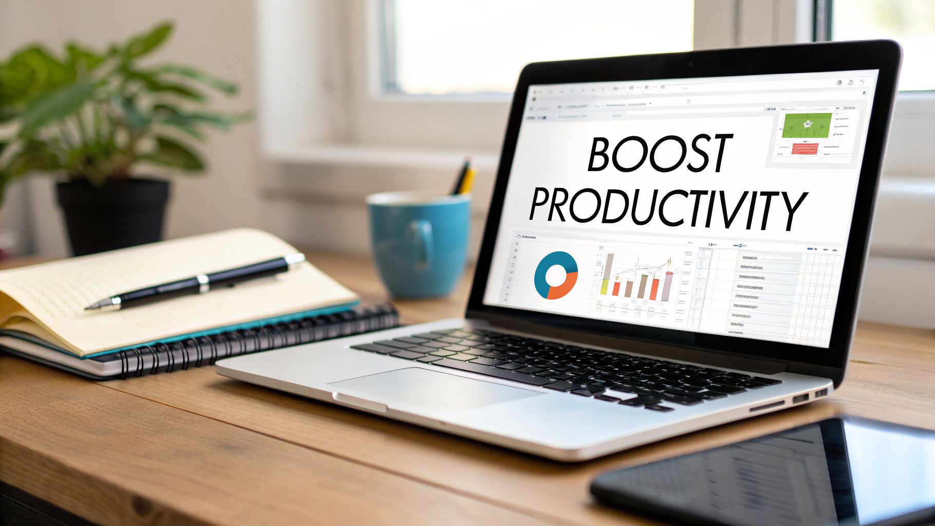 Laptop displaying 'Boost Productivity' and data charts on a wooden desk, with a notebook, pen, and coffee.