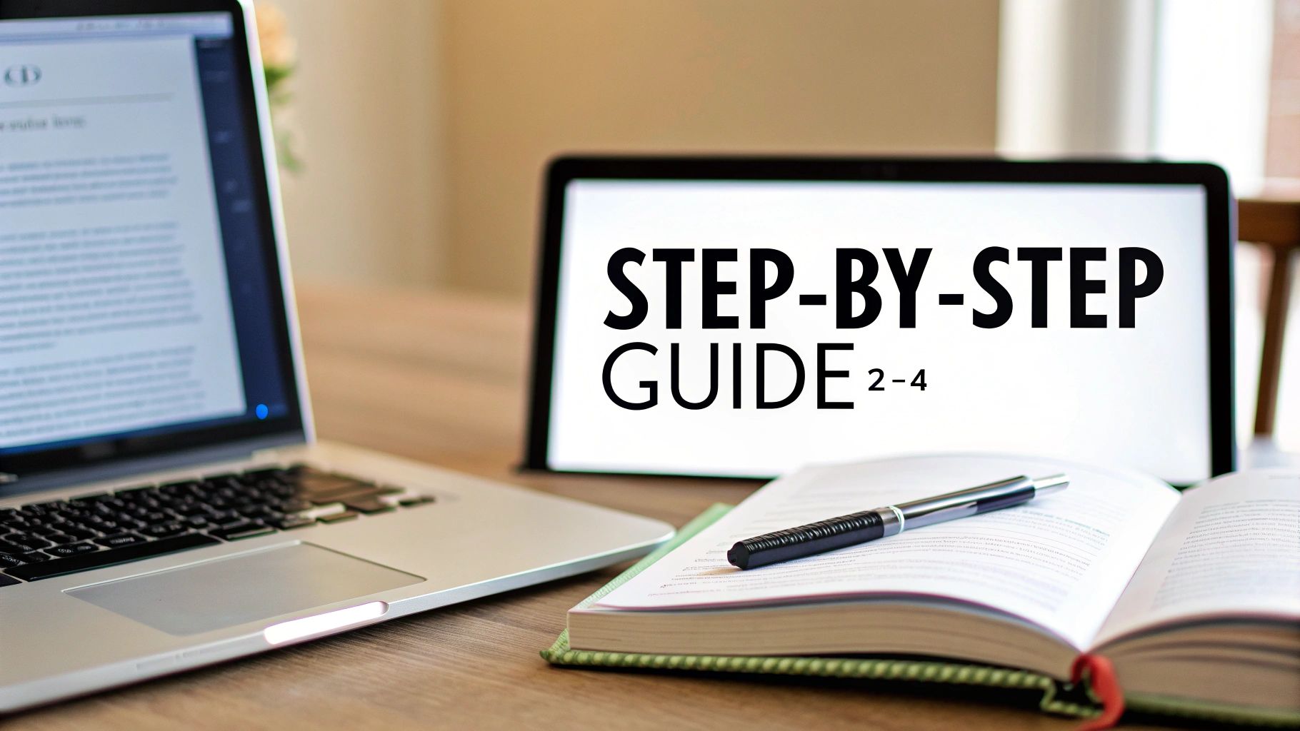 Study setup with a laptop, tablet displaying a step-by-step guide, open book, and pen.