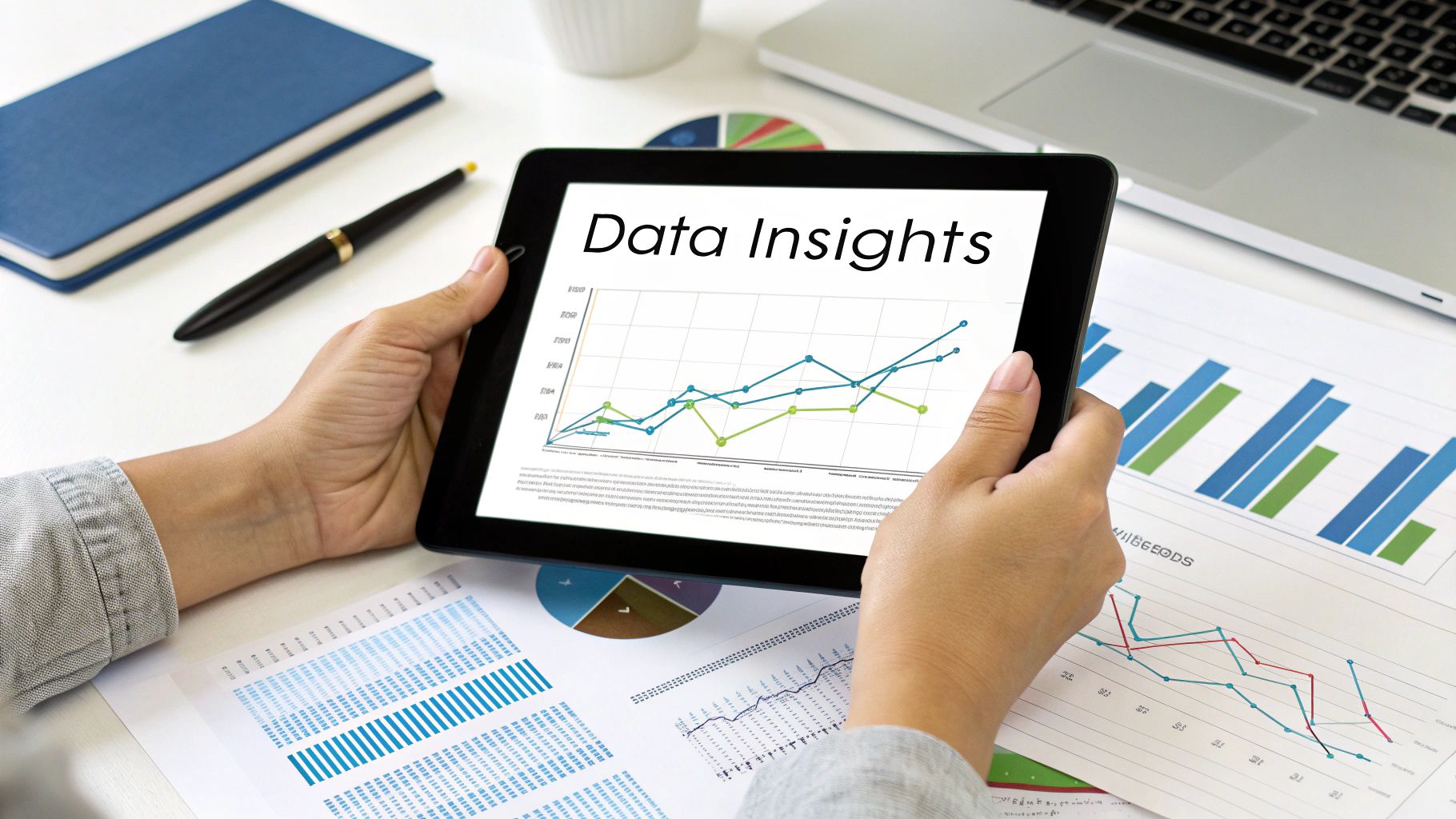 A person holding a tablet displaying 'Data Insights' with graphs, surrounded by business charts.