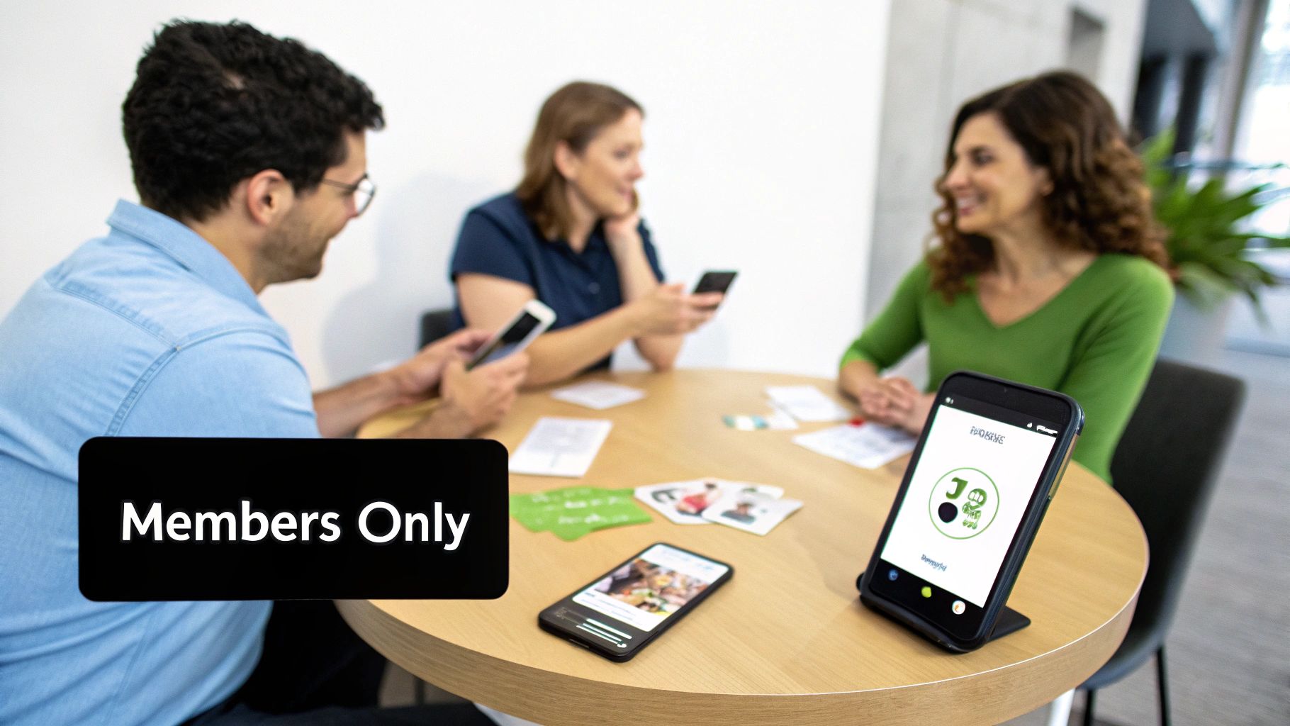 Three people discussing around a table, looking at their smartphones with apps displayed.
