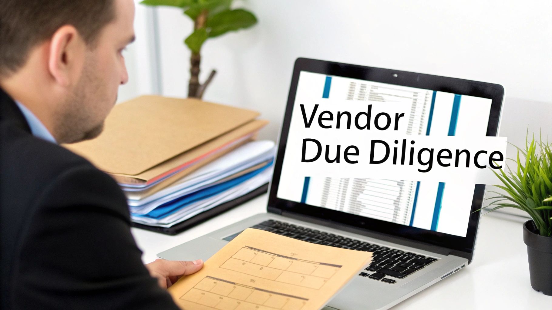 Business professional performing vendor due diligence on laptop, surrounded by paperwork.