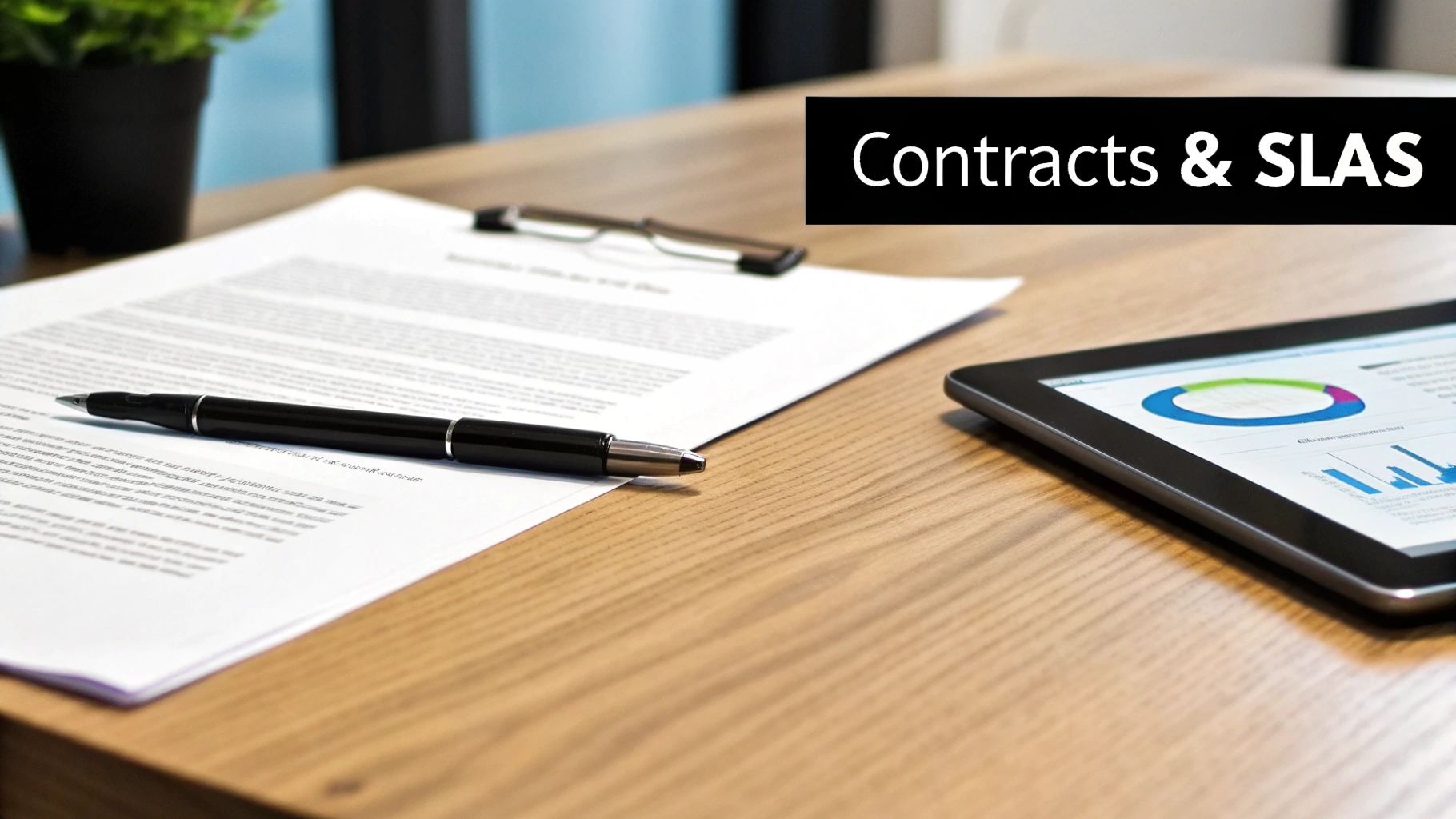 Desk with contracts, pen, glasses, and a tablet displaying charts, highlighting contracts and SLAs.