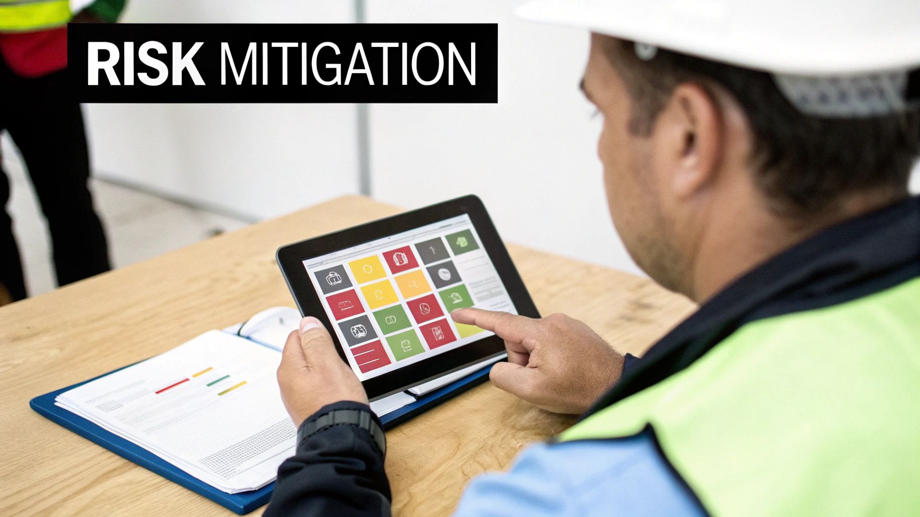 Construction worker reviews risk mitigation plans on a tablet, analyzing colored data.