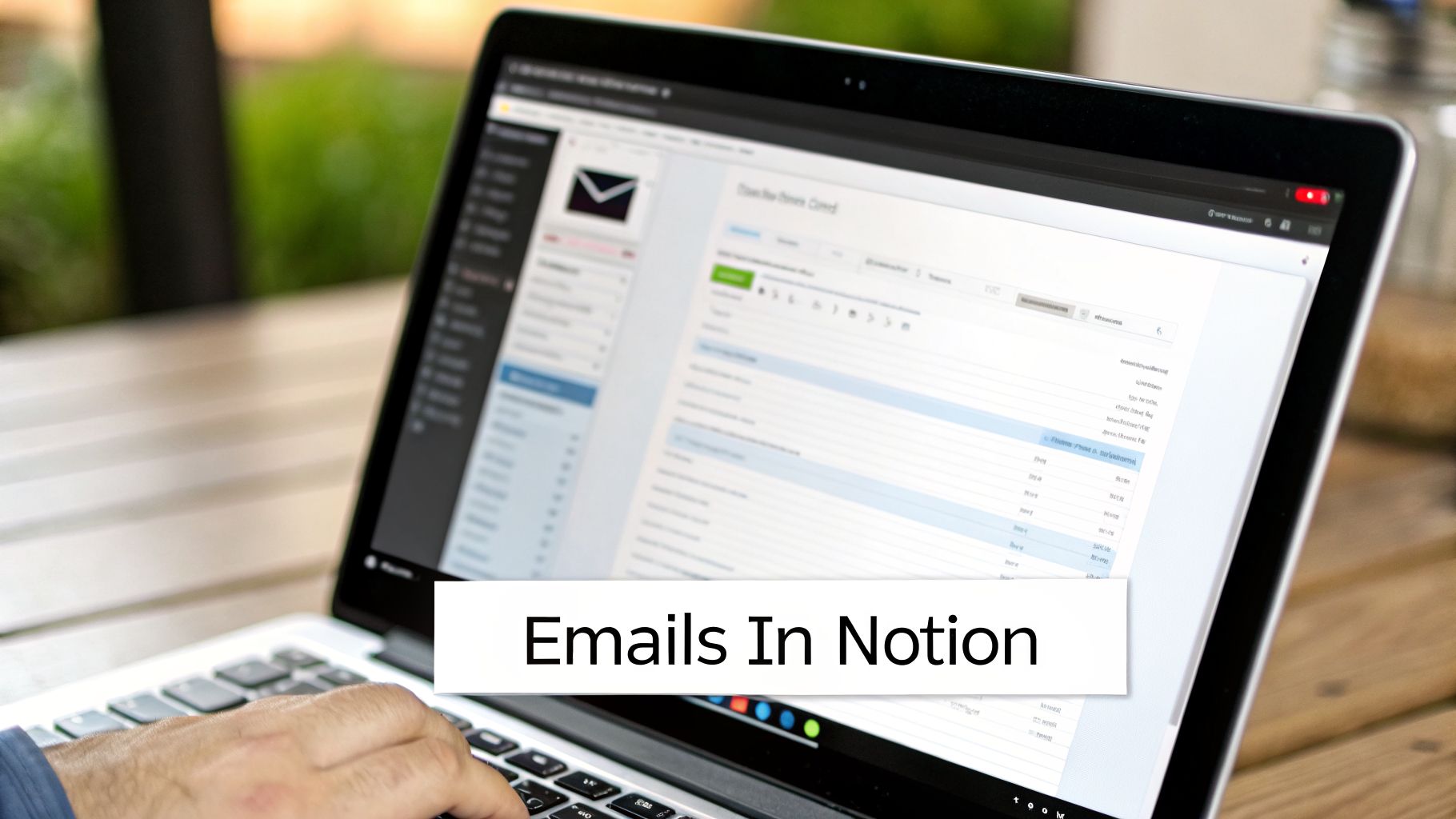A person types on a laptop displaying an email interface with "Emails In Notion" overlay.