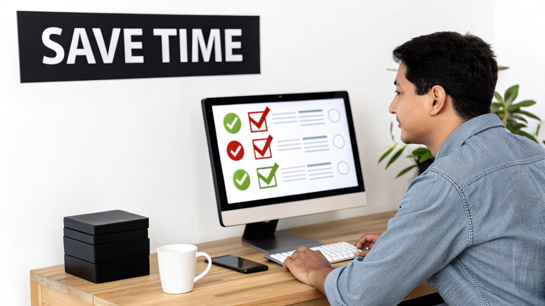 A man works on a computer displaying a checklist, with a 'SAVE TIME' sign above.