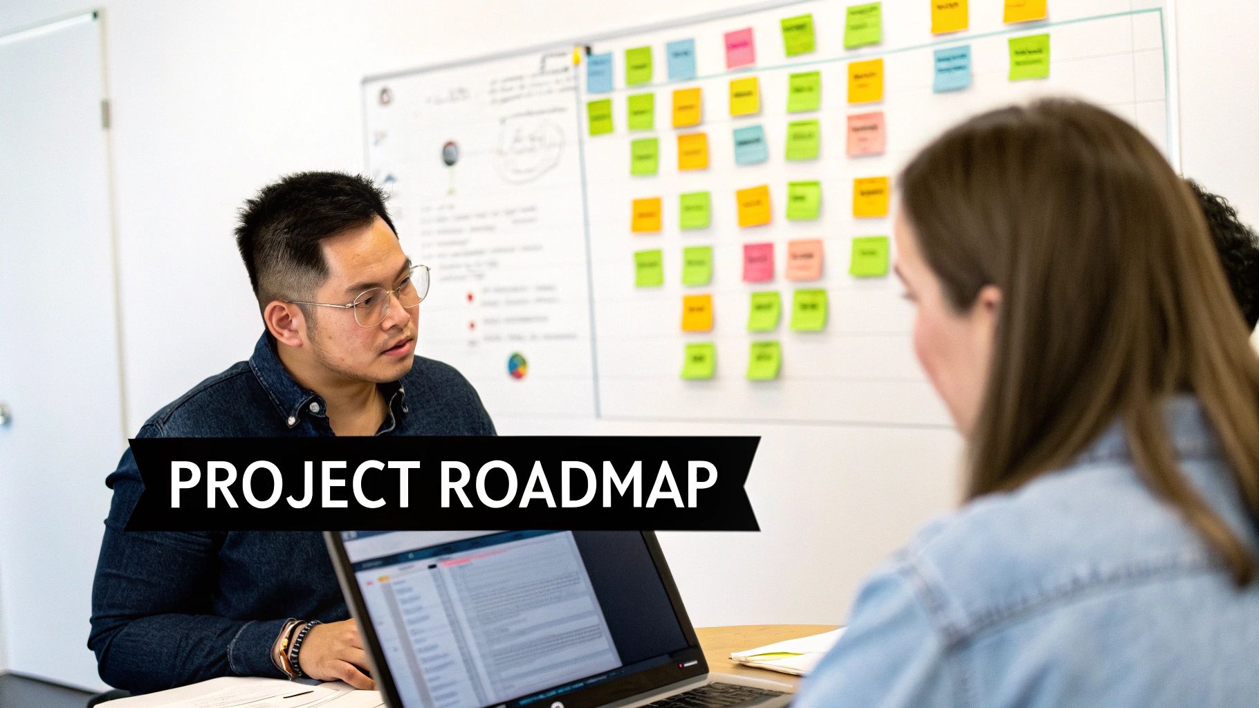 A team meeting with diverse professionals collaborating on a project roadmap, a whiteboard with colorful sticky notes, and a laptop.