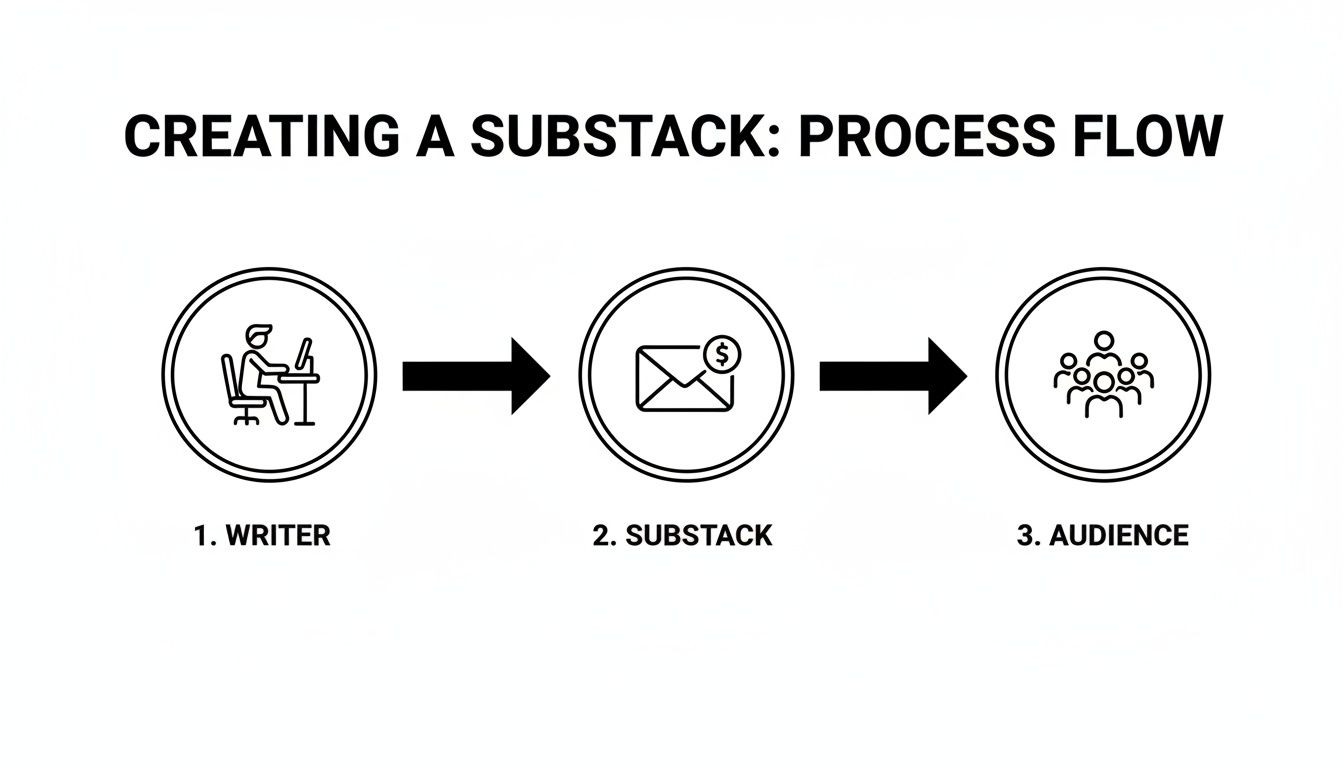 Process flow diagram illustrating the steps from a writer to a Substack publication reaching an audience.