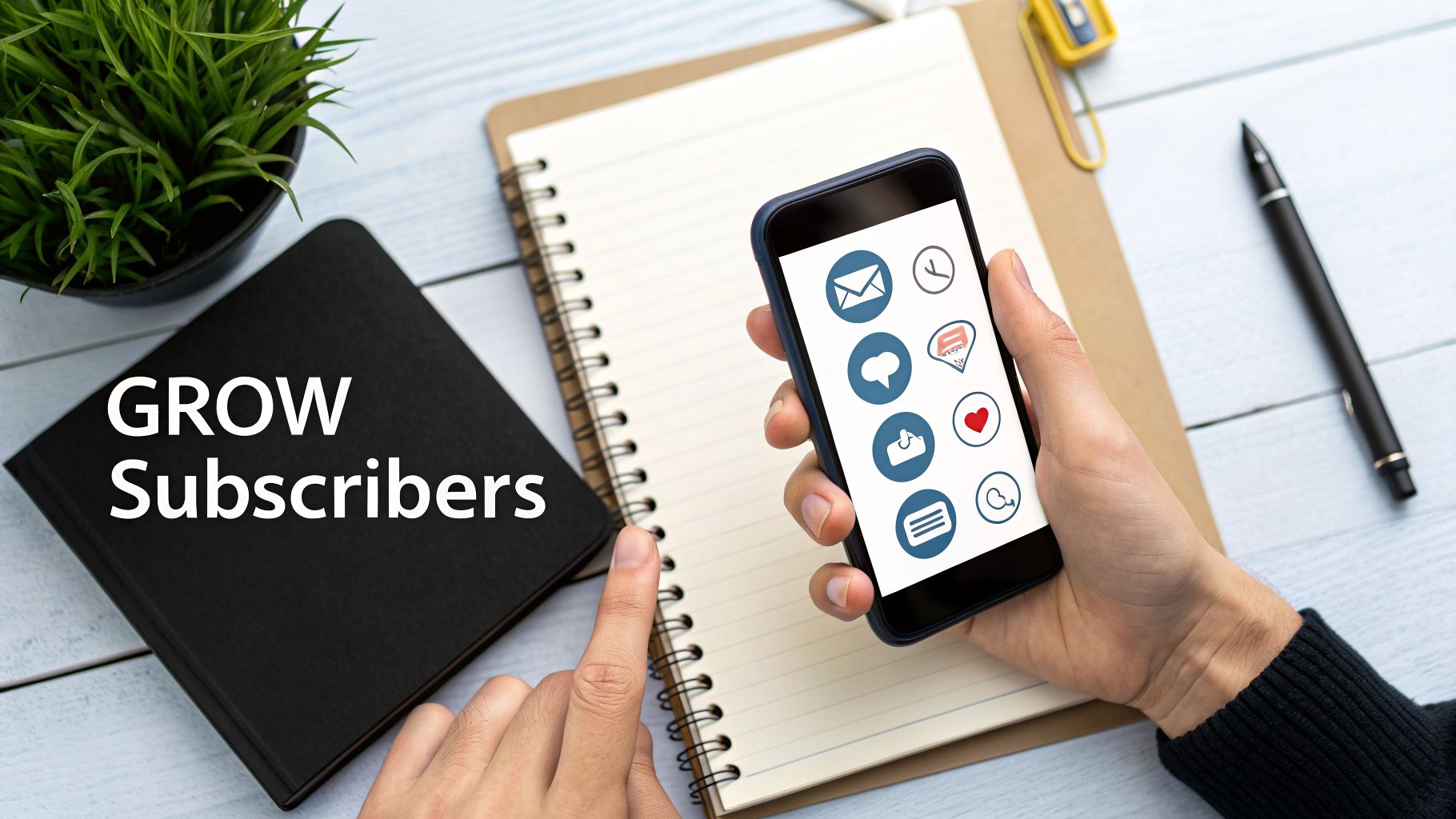 Hands holding a smartphone with app icons, pointing to a 'GROW Subscribers' notebook on a desk.