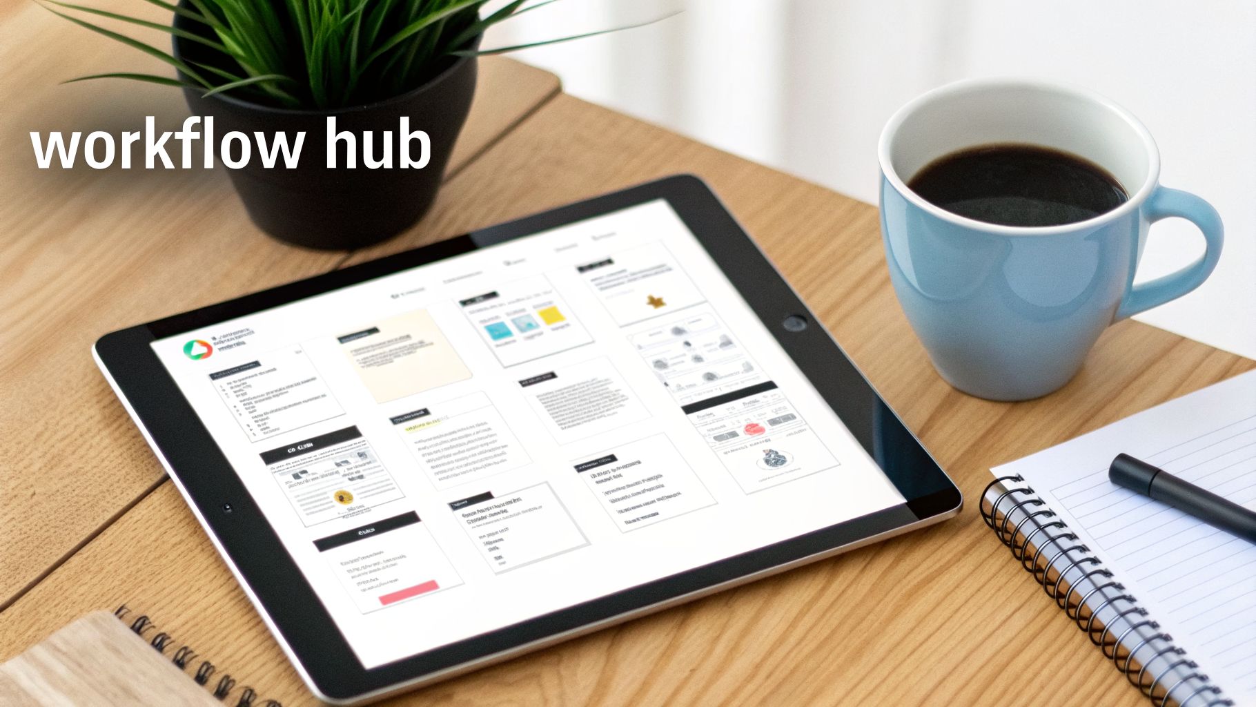 A modern workspace with a tablet showing 'workflow hub', a coffee cup, and a plant.