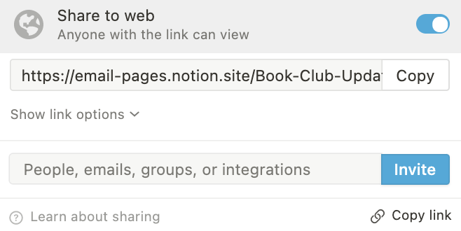 Notion page share settings with public access enabled